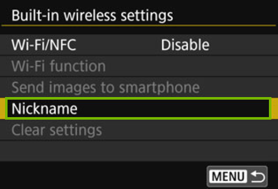 menu with nickname highlighted