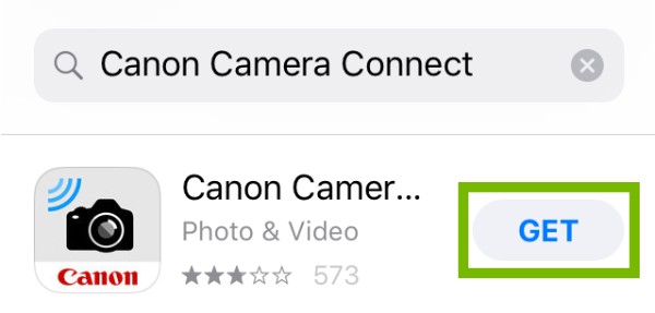 Canon Camera Connect page with Get highlighted