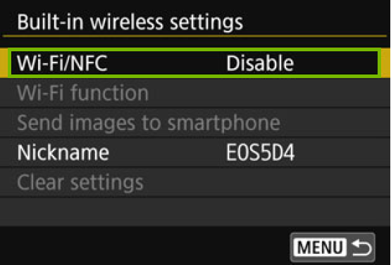 menu with Wi-Fi N F C highlighted