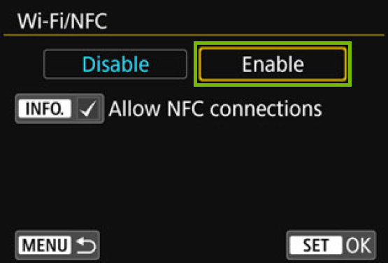 Wi-Fi NFC screen with enable highlighted