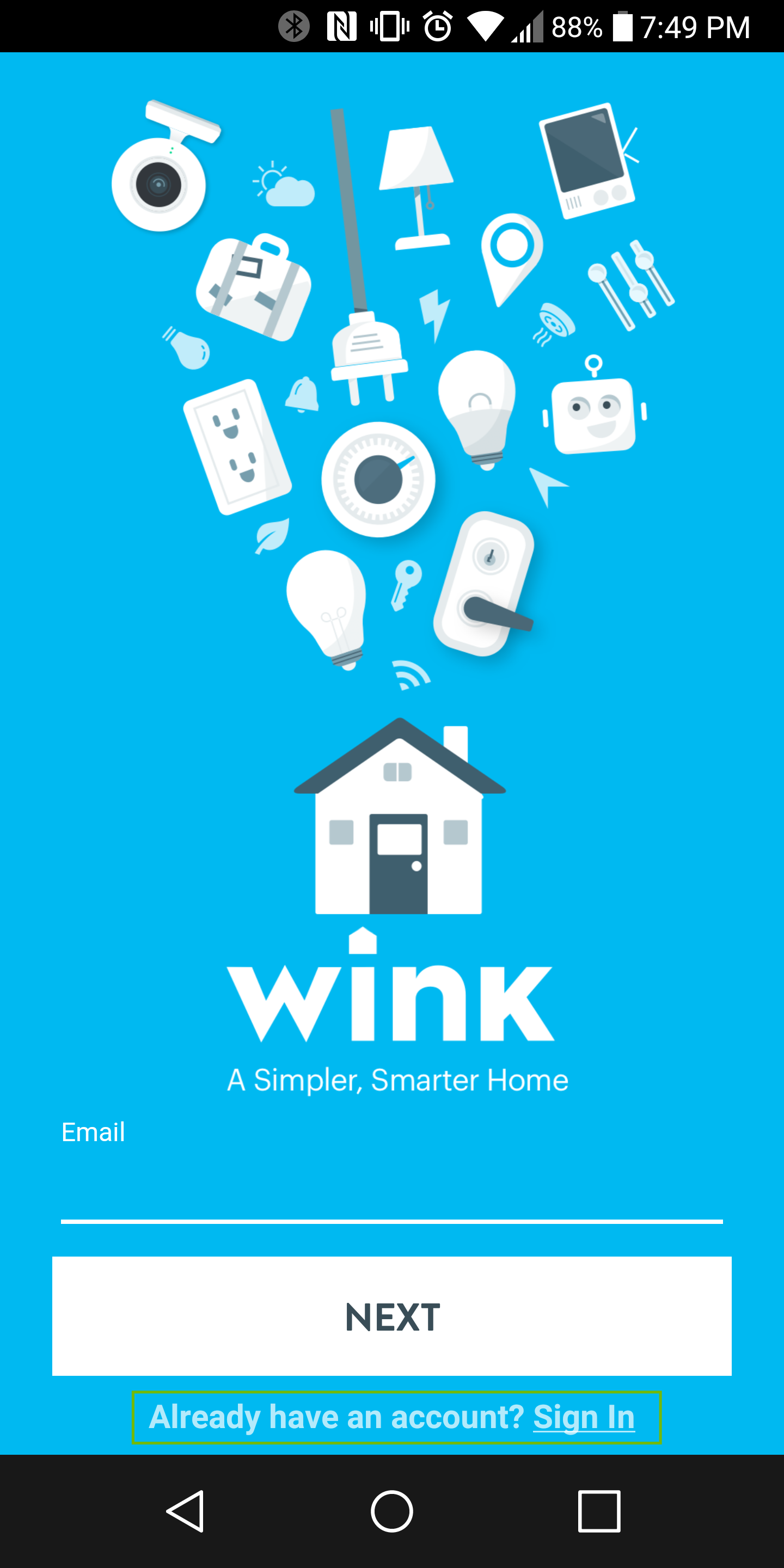 wink app with sign in highlighted