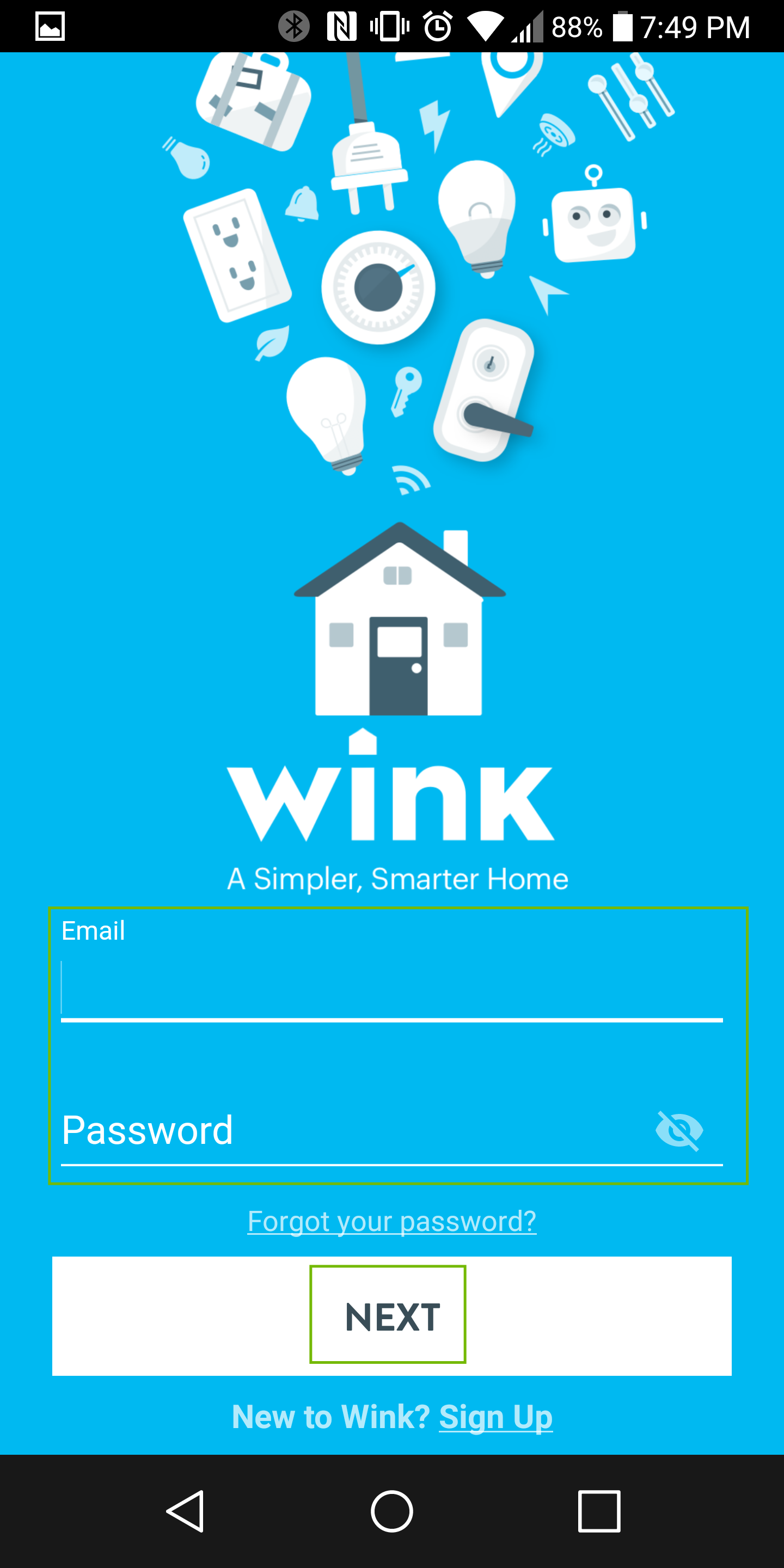 wink sign-in with e-mail and password fields highlighted