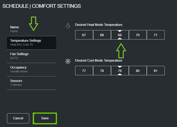 Comfort settings temperature
