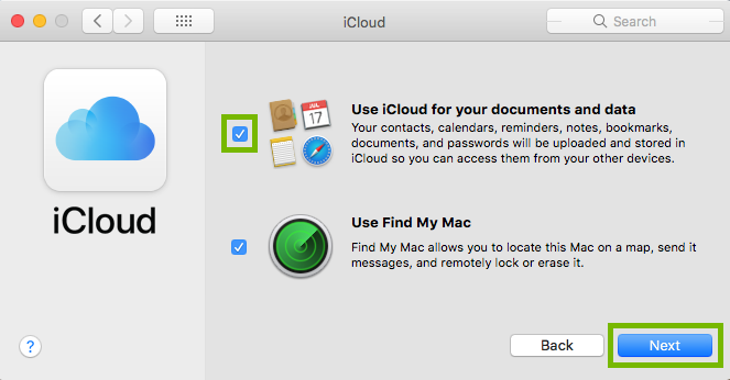 use icloud for your documents and data box is highlighted with the next button highlighted