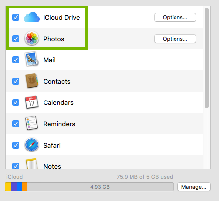 list of items that you can sync with iCloud with icloud drive and photos highlighted