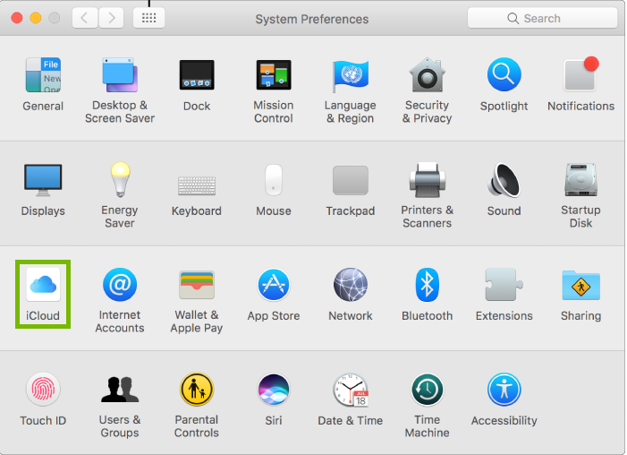 System Preferences with iCloud highlighted