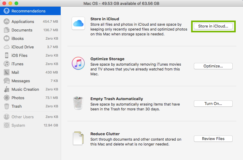 Storage options with store in icloud button highlighted
