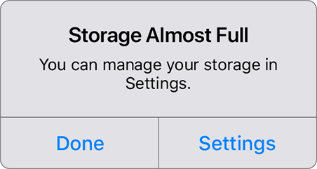 Storage Almost Full prompt showing on iOS.