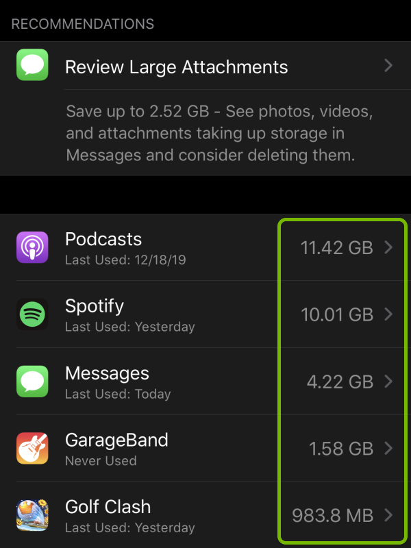 Storage space highlighted for listed apps in iOS settings.