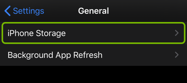iPhone Storage option highlighted in iOS settings.
