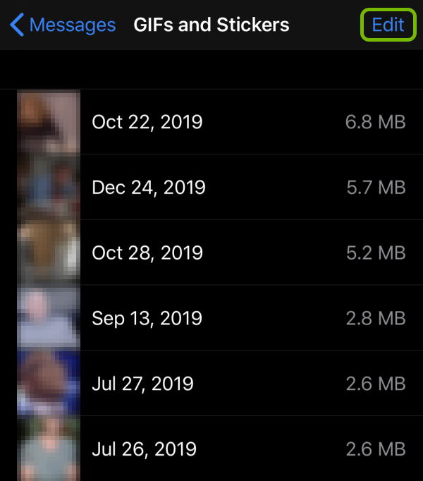 Edit option highlighted above file list for Messages app in storage settings on iOS.