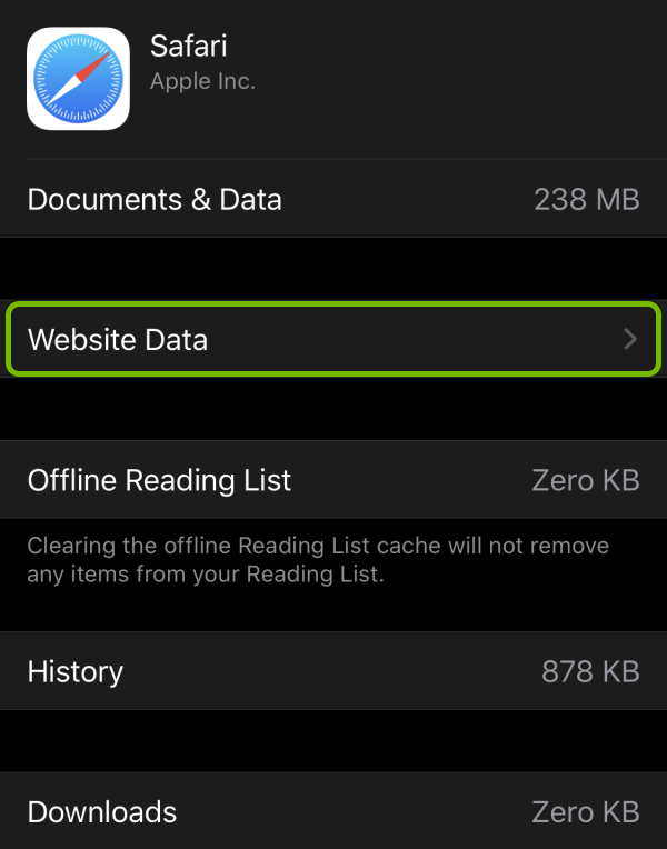Website Data highlighted in storage settings of Safari browser on iOS.