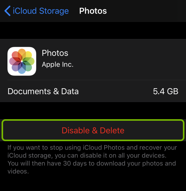 Disable & Delete option highlighted for iCloud Photos on iOS.