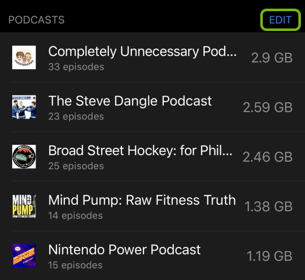 Edit option highlighted above file list for Podcasts app in storage settings on iOS.