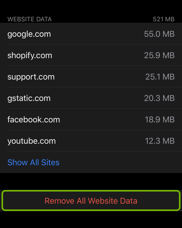 Remove All Website Data option highlighted in storage settings for Safari on iOS.