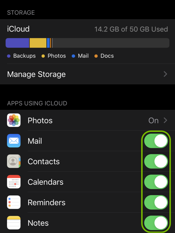 Toggle Switches highlighted for listed apps in iCloud storage settings.
