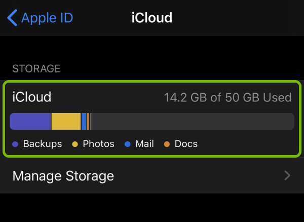 Data allocation highlighted in iCloud storage settings.