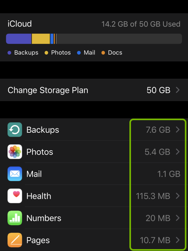 iCloud storage space highlighted for listed apps in iOS settings.