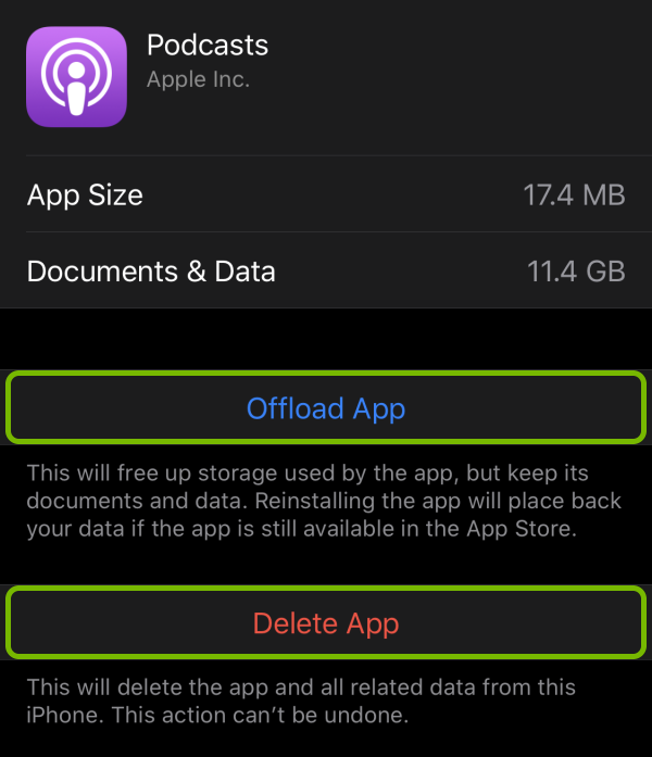 Offload App and Delete App options highlighted for selected app in storage settings on iOS.