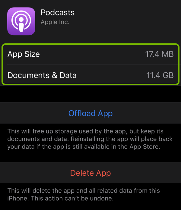 App Size and Documents & Data entries highlighted for selected app in storage settings on iOS.
