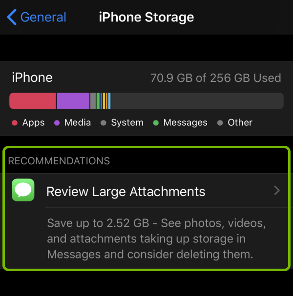 Recommendations section highlighted in device storage settings on iOS.