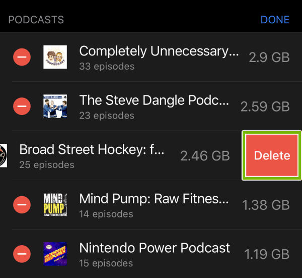Delete button highlighted for selected series of files in storage options on iOS.