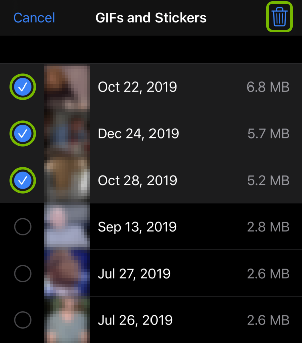 Checkmarks next to listed files and trash can highlighted in storage options on iOS.