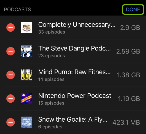 Done option highlighted above file list for selected app in storage settings on iOS.