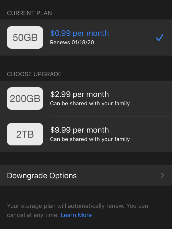 iCloud storage plan options on iOS.