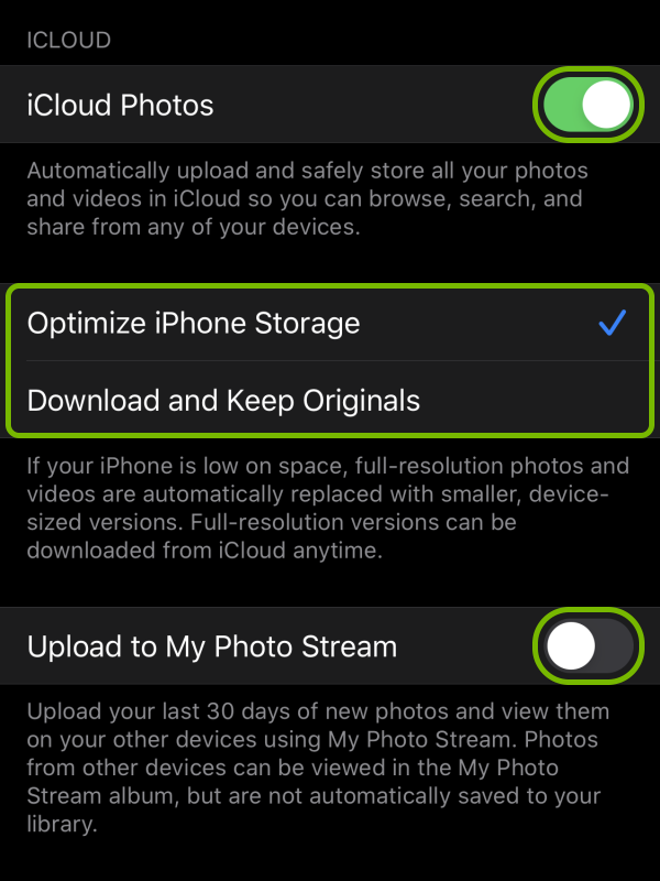 iCloud Photos toggle switch, storage optimization options and My Photo Stream toggle switch highlighted in iCloud Photos settings on iOS.