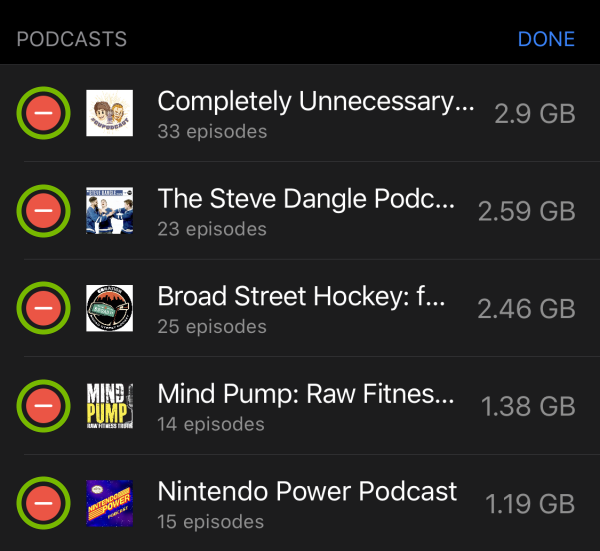 Red minus signs highlighted next to each series of files in storage settings on iOS.