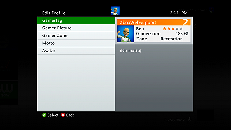 Xbox 360 edit profile with gamertag selected