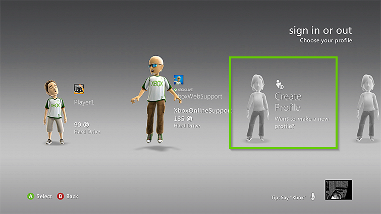 Xbox 360 create profile selection