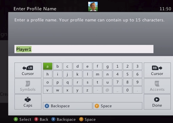 Xbox 360 profile name field