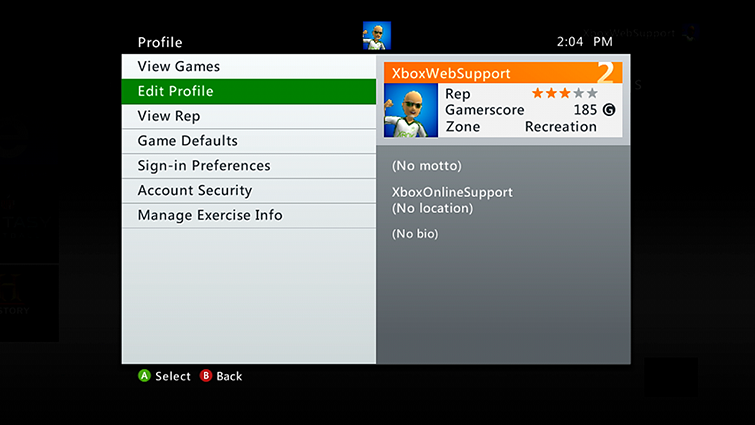 Xbox 360 profile settings with edit profile selected