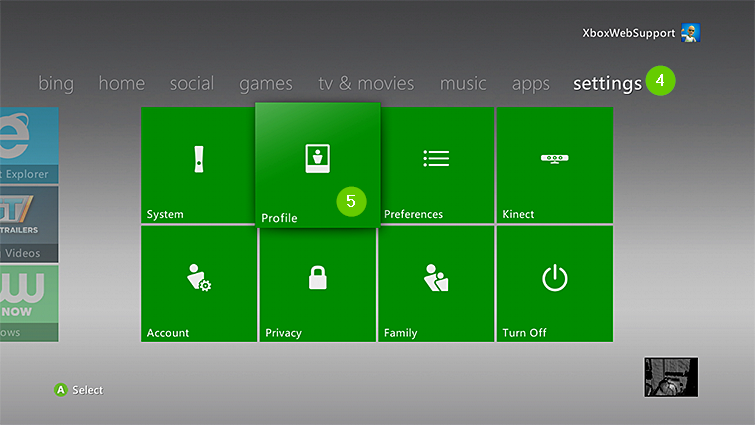Xbox 360 settings tab with profile selected