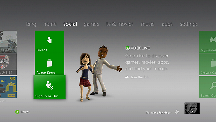 Xbox 360 Sign in icon under social tab
