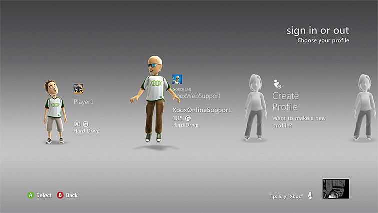 Xbox 360 profile selected