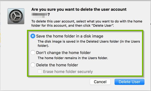Screenshot of the delete users screen. Options are Save the home folder in a disk image, don't change the home folder, and delete the home folder. There's a Delete User button in the lower-right corner.