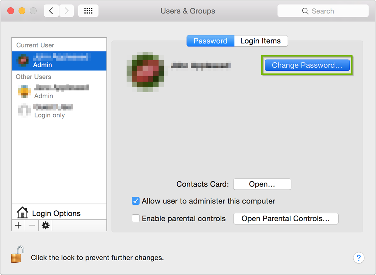 Screenshot of the Users & Groups screen with the Change Password button selected.