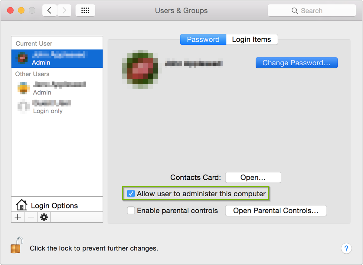 Screenshot of the Users & Groups window with the Allow user to administer this computer selected with a checkmark.