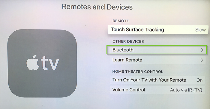 Apple tv remotes and devices settings menu with bluetooth highlighted