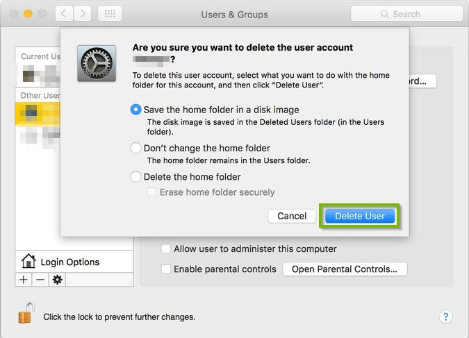 Screenshot of the delete user screen with an annotation around the Delete User button.