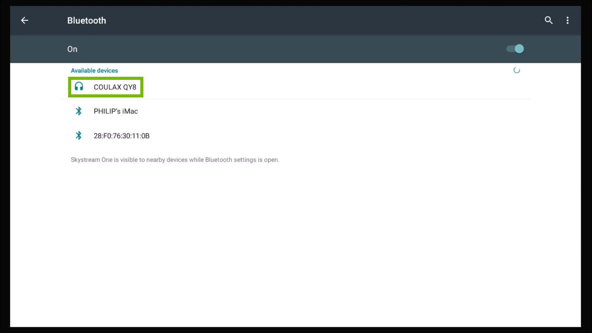 bluetooth settings with new bluetooth device highlighted