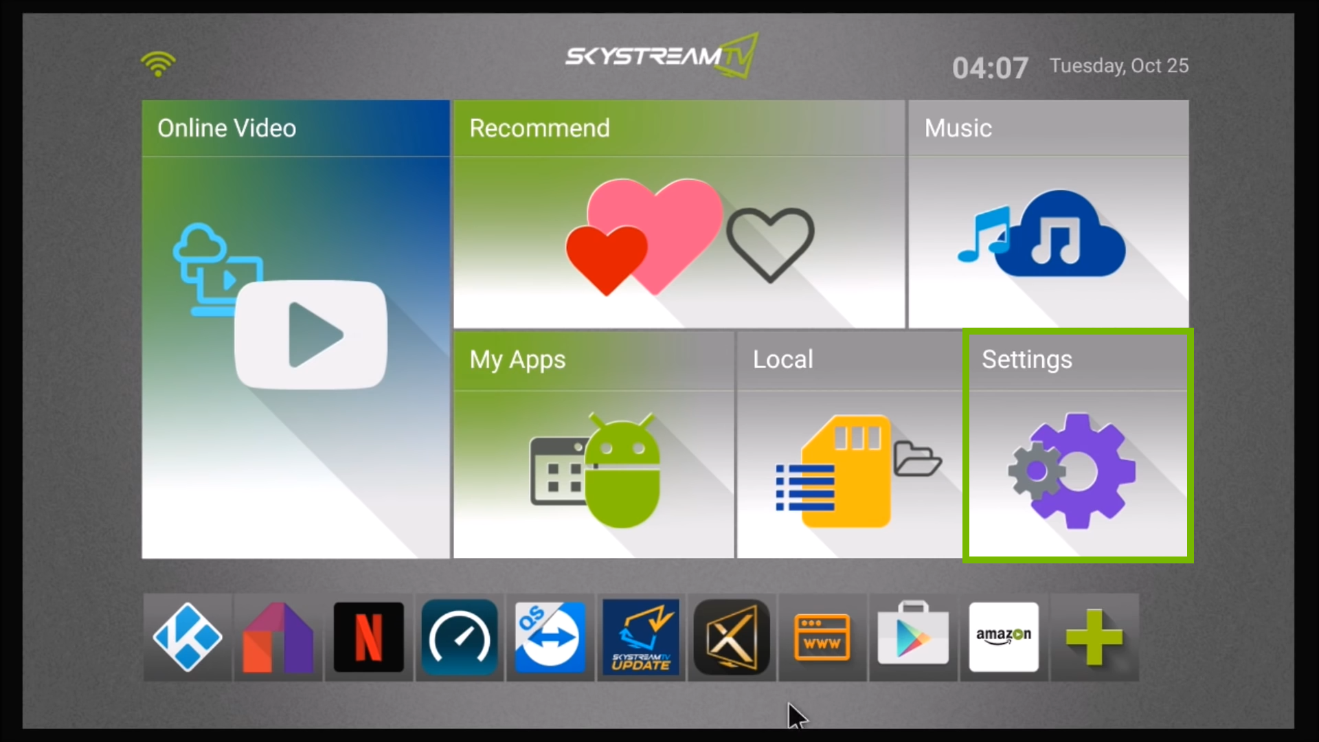 main menu with settings highlighted