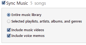 iTunes menu for syncing music