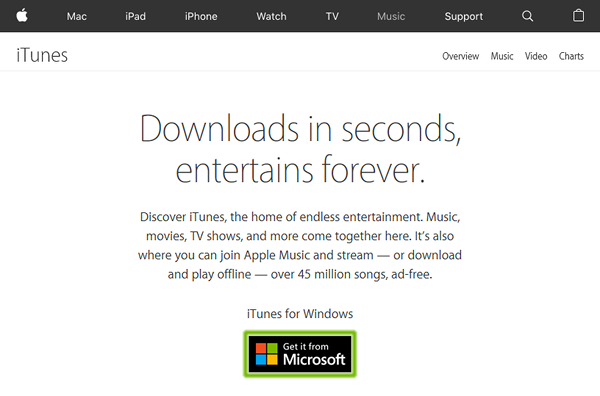 Apple iTunes page with Get it from Microsoft button highlighted.