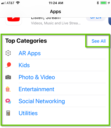 iOS app store top categories menu highlighting see all.