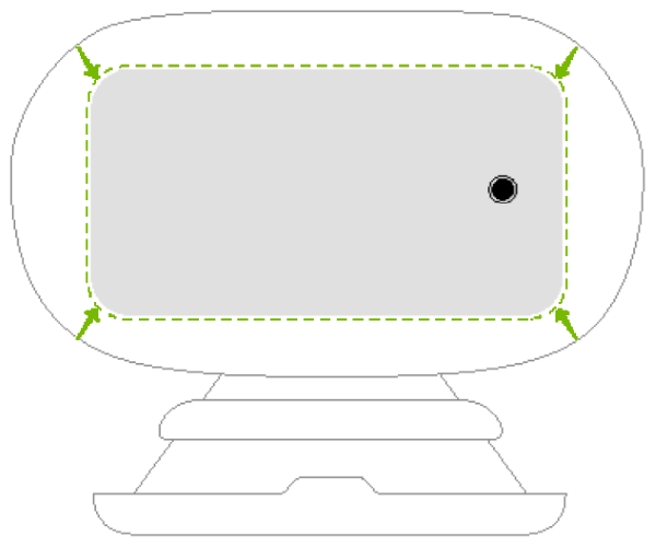 Arrows and outline showing how to place the smartphone into the goggles.