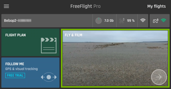 Fly & Film are highlighted in FreeFlight Pro app.